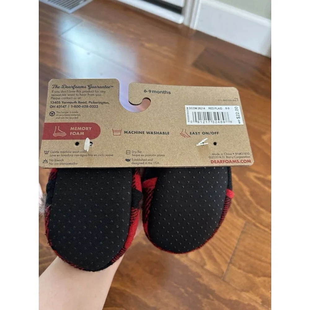 Dearfoams‎ Christmas Red Plaid Baby Bear 6-9 Months Infant Slippers NEW